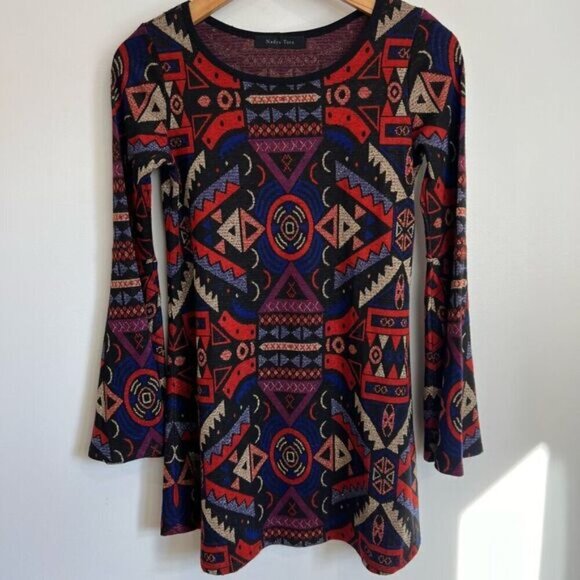 Nadya Toto Women’s Small Viscose Geometric Tunic Top Long Sleeve Shirt 70s Gogo - Picture 12 of 12